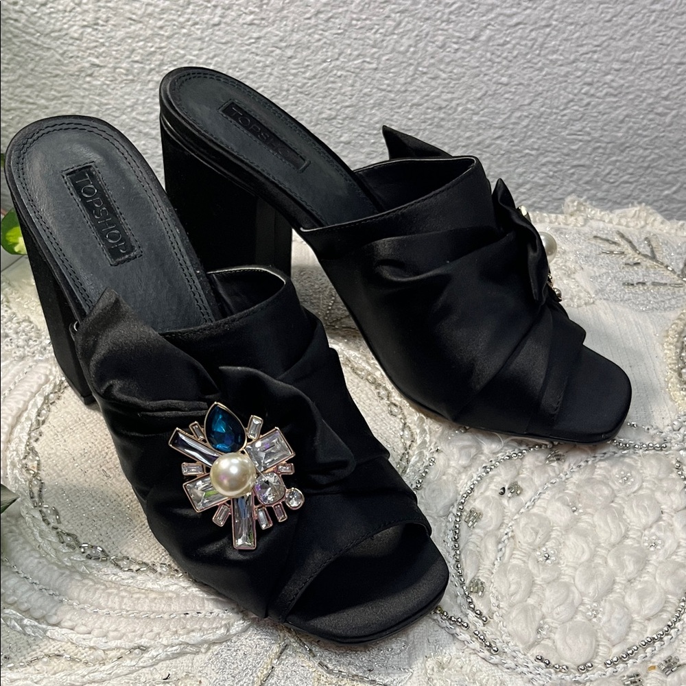 EUC Topshop Black Satin Mules with Jewel Embellishments - Picture 5 of 16